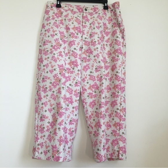Vintage Villager High Rise Pink Floral Off White Straight Leg Cropped Pants - Picture 1 of 13
